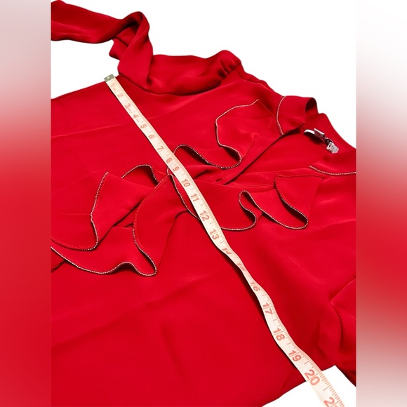 CHICOS women’s RUFFLE BLOUSE button up v-neck in WILD POPPY/RED size 4 EUC - Picture 6 of 11